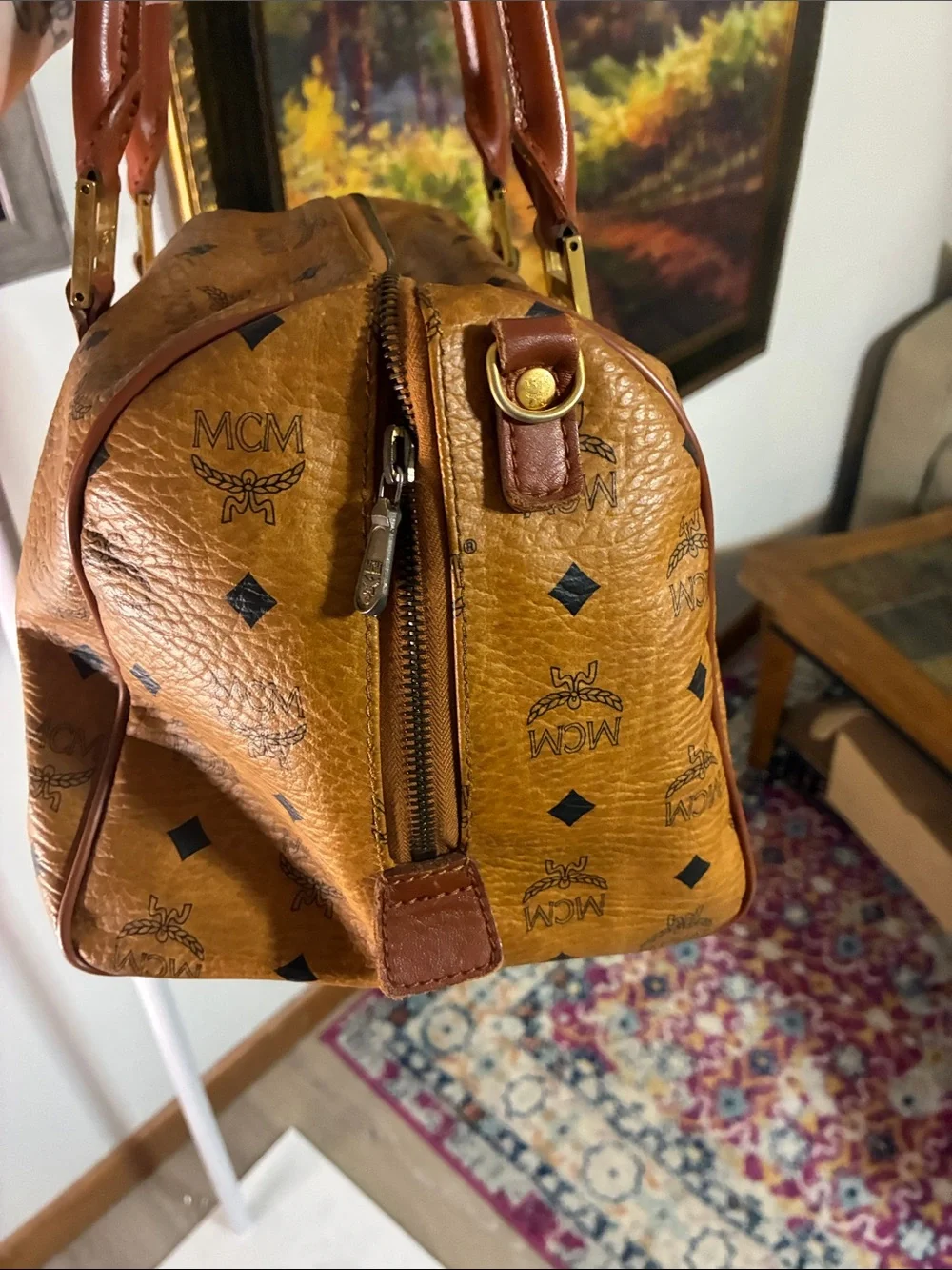 MCM Visetos Tote Satchel in Cognac and Dark Brown with Gold Hardware
